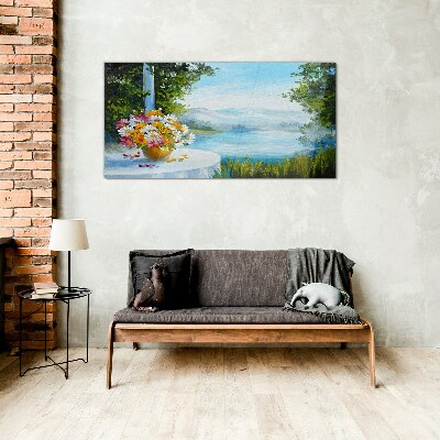 Flower bouquet by the lake Glass Wall Art