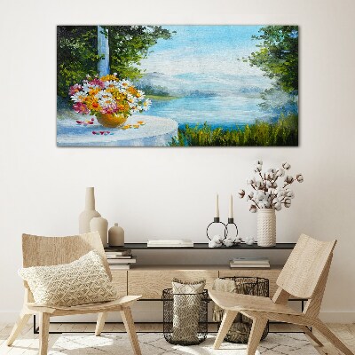Flower bouquet by the lake Glass Wall Art