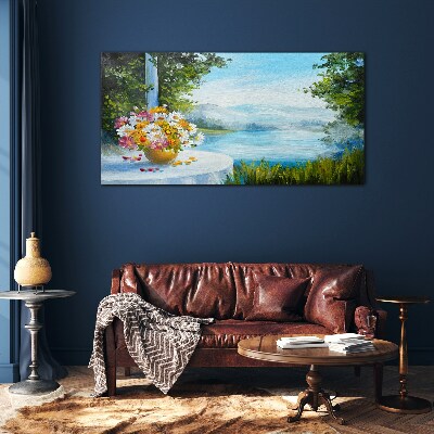 Flower bouquet by the lake Glass Wall Art