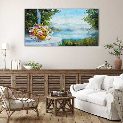 Flower bouquet by the lake Glass Wall Art