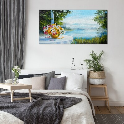 Flower bouquet by the lake Glass Wall Art