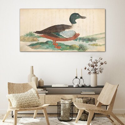 Duck against the green background Glass Wall Art