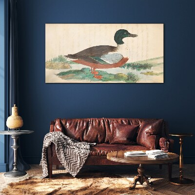 Duck against the green background Glass Wall Art