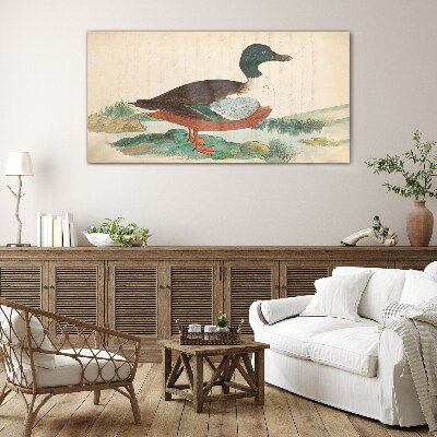 Duck against the green background Glass Wall Art