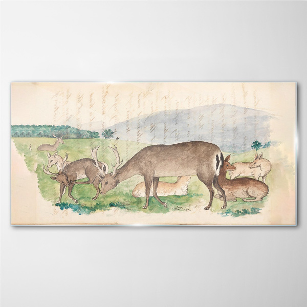 Peaceful landscape with deer Glass Wall Art