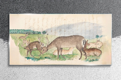 Peaceful landscape with deer Glass Wall Art
