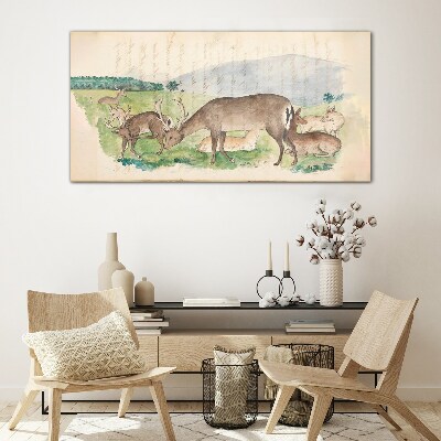 Peaceful landscape with deer Glass Wall Art