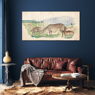 Peaceful landscape with deer Glass Wall Art