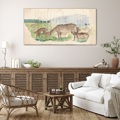 Peaceful landscape with deer Glass Wall Art