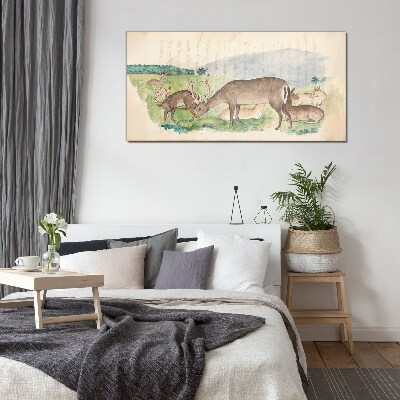 Peaceful landscape with deer Glass Wall Art