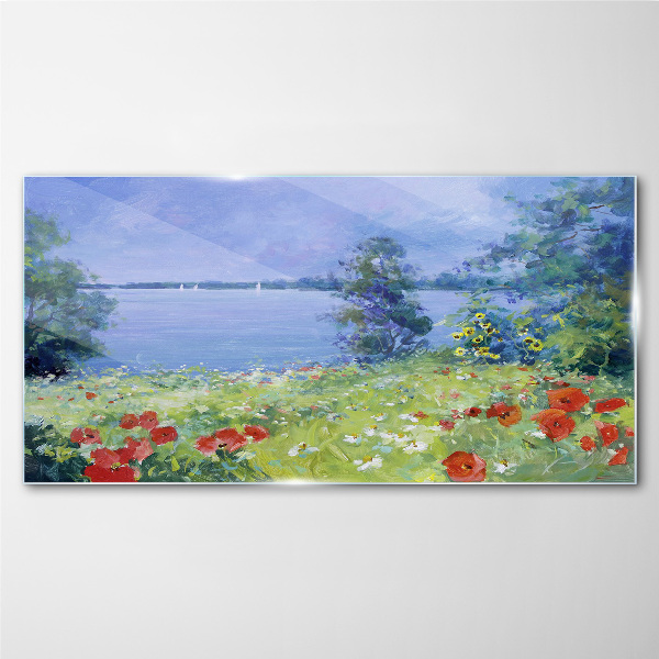 Flower landscape by the lake Glass Print