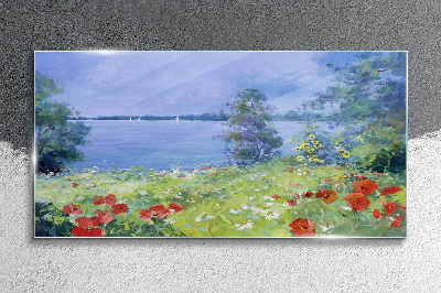 Flower landscape by the lake Glass Print