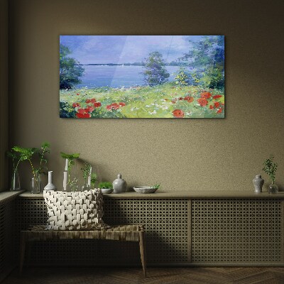 Flower landscape by the lake Glass Print