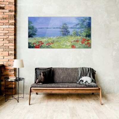 Flower landscape by the lake Glass Print