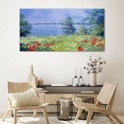 Flower landscape by the lake Glass Print