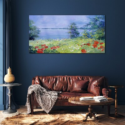 Flower landscape by the lake Glass Print
