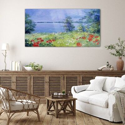 Flower landscape by the lake Glass Print