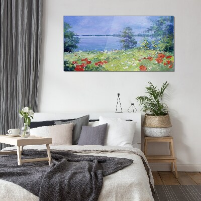 Flower landscape by the lake Glass Print