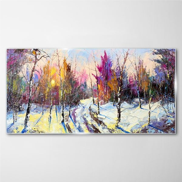 Winter landscape in sunset colors Glass Wall Art