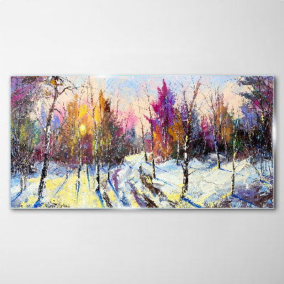 Winter landscape in sunset colors Glass Wall Art