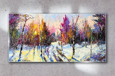 Winter landscape in sunset colors Glass Wall Art
