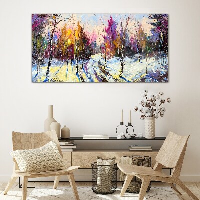 Winter landscape in sunset colors Glass Wall Art