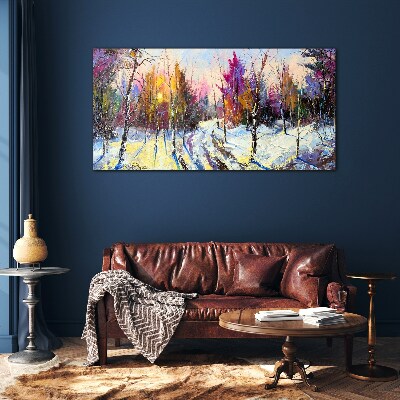 Winter landscape in sunset colors Glass Wall Art