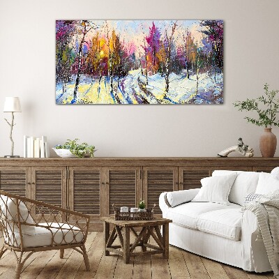 Winter landscape in sunset colors Glass Wall Art