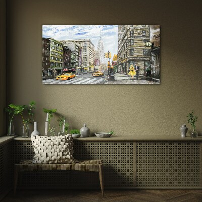 New York street in yellow cabs Glass Wall Art