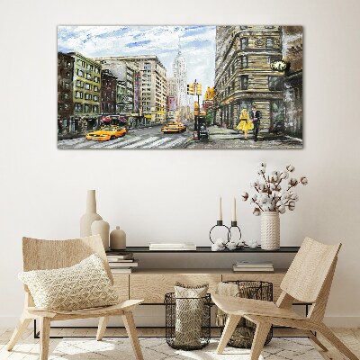 New York street in yellow cabs Glass Wall Art