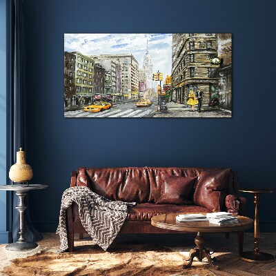 New York street in yellow cabs Glass Wall Art