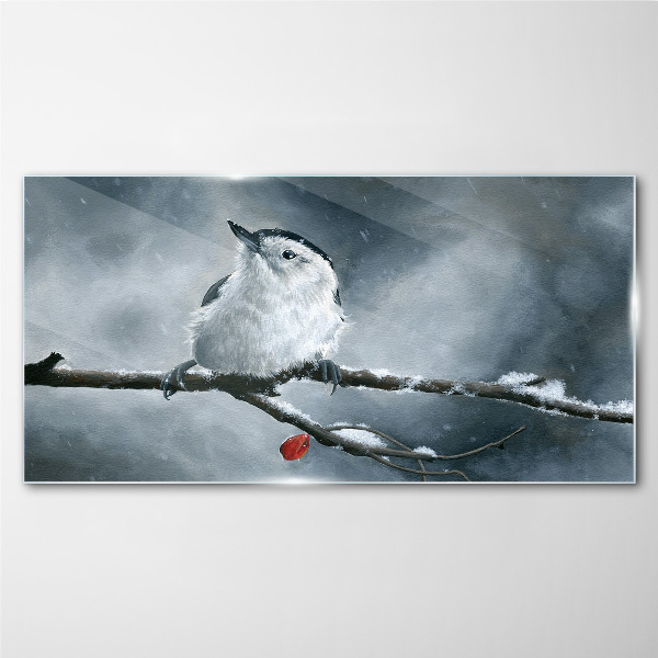 Winter bird on a branch Glass Wall Art