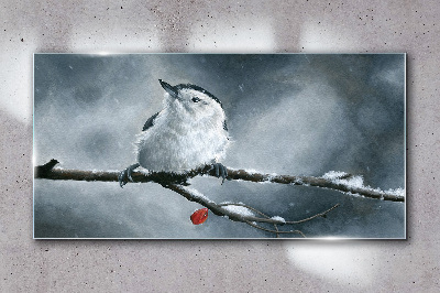Winter bird on a branch Glass Wall Art