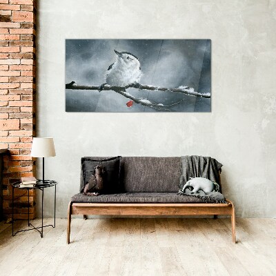 Winter bird on a branch Glass Wall Art