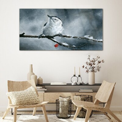 Winter bird on a branch Glass Wall Art