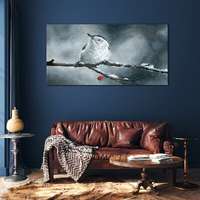 Winter bird on a branch Glass Wall Art