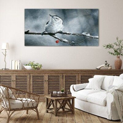 Winter bird on a branch Glass Wall Art
