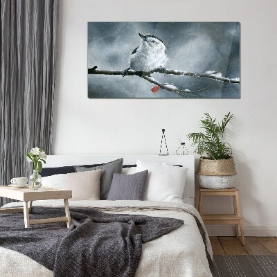 Winter bird on a branch Glass Wall Art