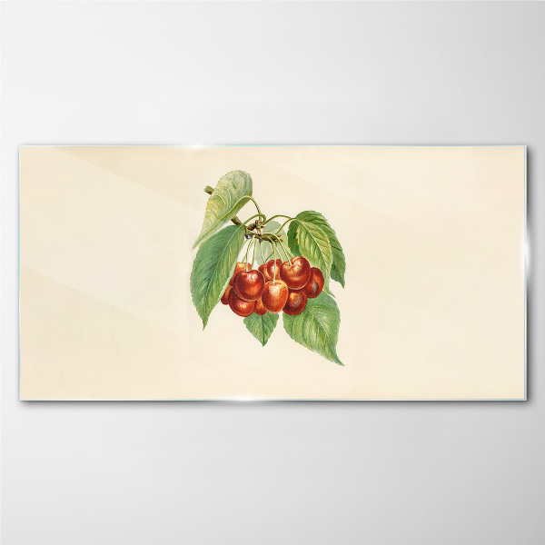 Red cherries on a pastel background Glass Print