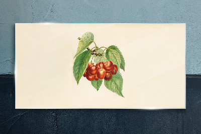 Red cherries on a pastel background Glass Print