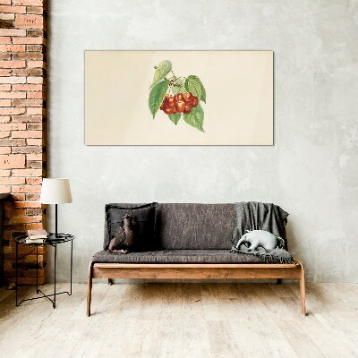 Red cherries on a pastel background Glass Print