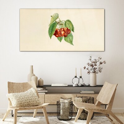 Red cherries on a pastel background Glass Print