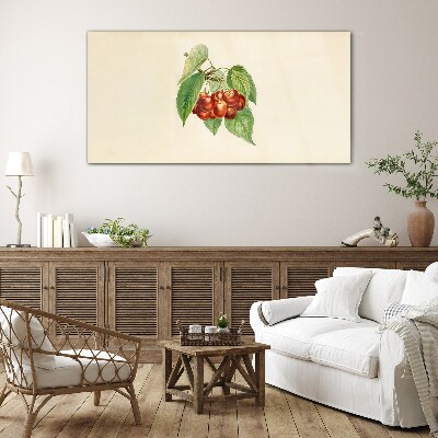 Red cherries on a pastel background Glass Print
