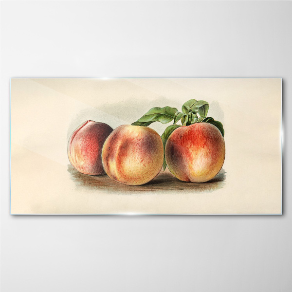 Three peaches on a white background Glass Print