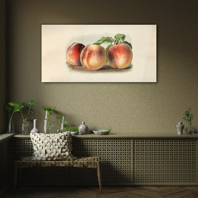 Three peaches on a white background Glass Print