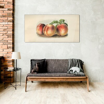 Three peaches on a white background Glass Print