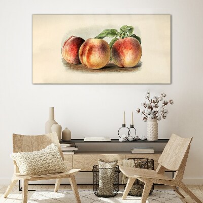 Three peaches on a white background Glass Print