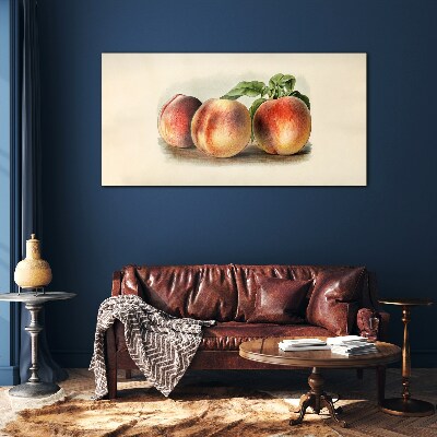 Three peaches on a white background Glass Print
