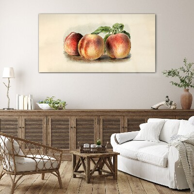 Three peaches on a white background Glass Print