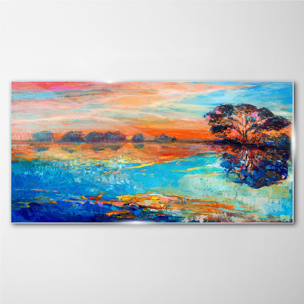 Sunset over the lake Glass Print